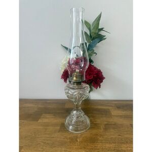 Antique Pressed Glass Oil Hurricane Lamp Pink Glow Victorian Vintage Decor